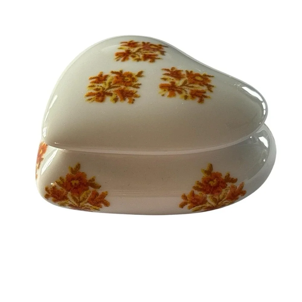Limoges France Trinket Box Hand Painted Heart Shaped Floral Orange VTG Porcelain